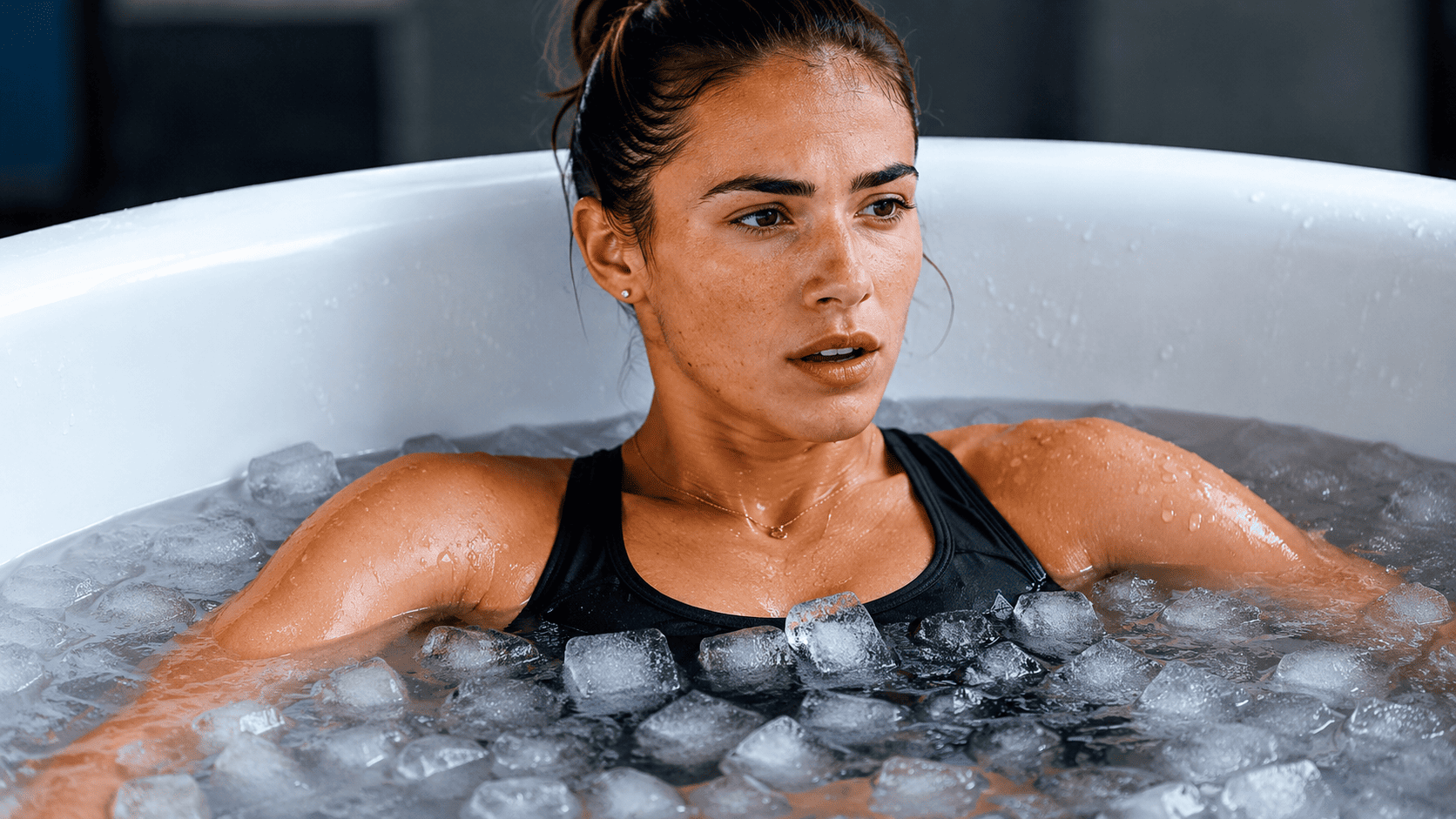 Persona realizando un baño de hielo como práctica de biohacking para la recuperación física, una estrategia con evidencia científica limitada según el contexto.