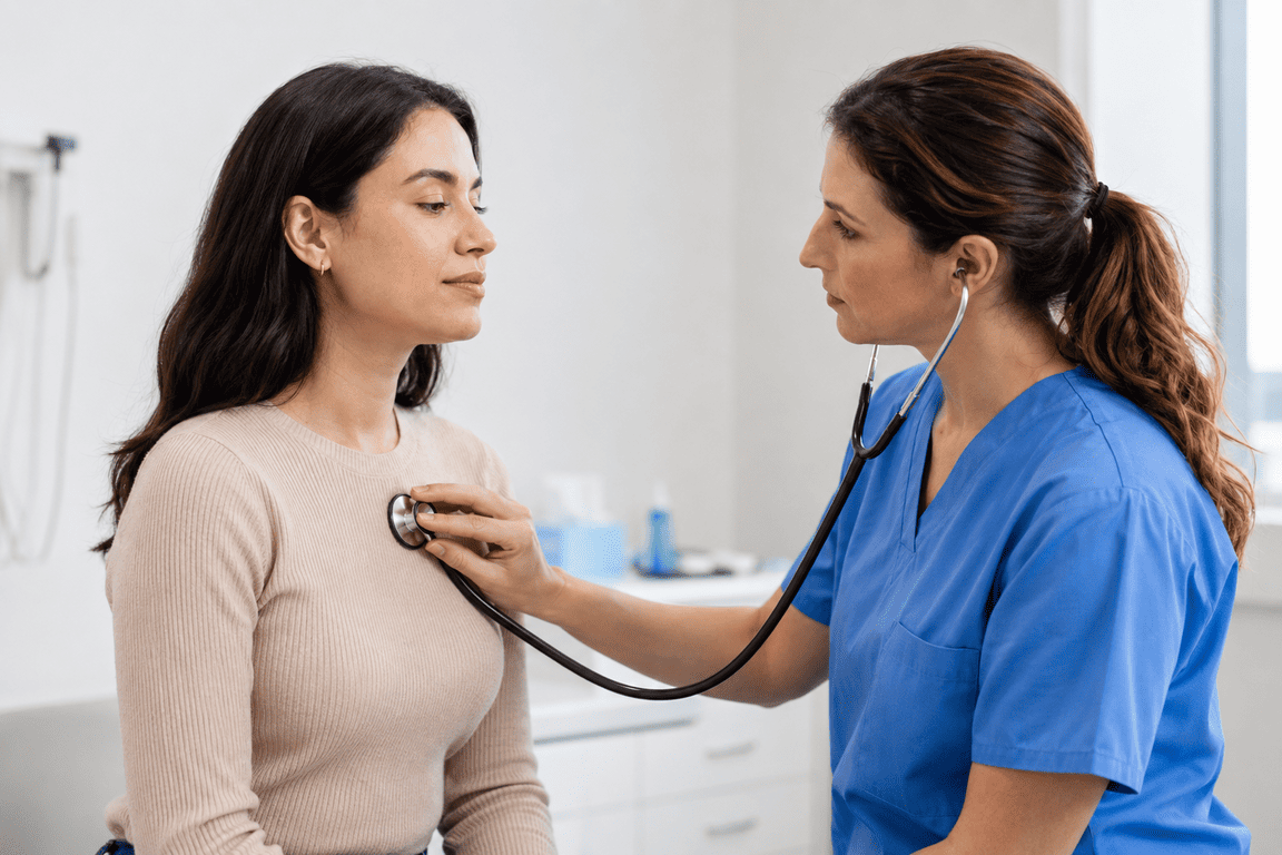 Profesional de la salud auscultando a una mujer durante una evaluación médica respiratoria.