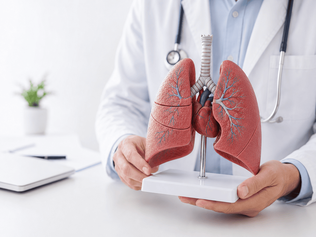 Médico sosteniendo un modelo anatómico del sistema respiratorio y los pulmones durante una evaluación clínica.