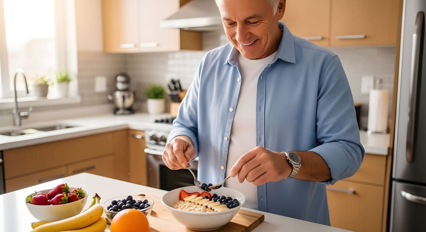 Hombre mayor desayunando sano y balanceado.