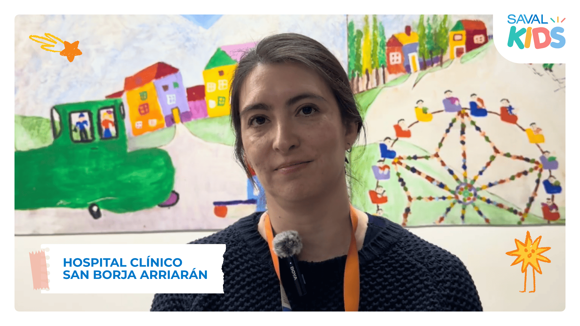 Una profesional del servicio de pediatría del Hospital San Borja Arriarán es entrevistada ante un mural infantil durante la iniciativa SAVAL Kids.